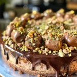 ['Bolo Ferrero Rocher com cobertura de chocolate e pistache.', 'Close-up de um bolo decorado com Ferrero Rocher e pistache.', 'Bolo recheado de pistache, coberto com chocolate e bombons Ferrero Rocher.', 'Vista lateral de um bolo de pistache com detalhes de Ferrero Rocher.']