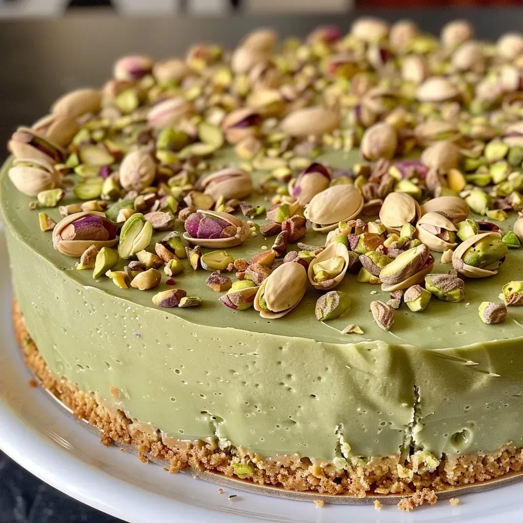 ['Bolo vegano de pistache com cobertura cremosa.', 'Fatia de bolo vegano de pistache em close.', 'Vista lateral do bolo vegano de pistache.', 'Bolo de pistache vegano decorado.']