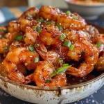 ['Camarão gochujang suculento em molho picante.', 'Close-up de camarões revestidos com gochujang e temperos.', 'Prato de camarões envolvidos em molho doce e picante.', 'Camarões grandes fritos com molho gochujang vibrante.']