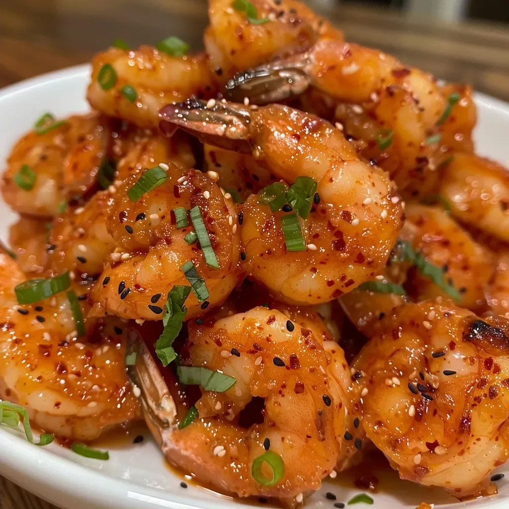 ['Camarão gochujang suculento em molho picante.', 'Close-up de camarões revestidos com gochujang e temperos.', 'Prato de camarões envolvidos em molho doce e picante.', 'Camarões grandes fritos com molho gochujang vibrante.']