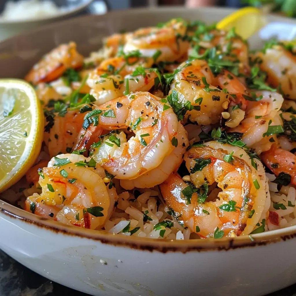 ['Camarões grandes na manteiga de alho, cremosos e suculentos.', 'Prato de Camarones em Manteiga de Alho com arroz branco ao lado.', 'Close de camarões em um molho cremoso e aromático.', 'Camarões dourados em manteiga de alho, decorados com salsinha.']