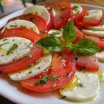 ['Prato com Caprese de Morango, queijo mozzarella e manjericão.', 'Close de uma salada Caprese com morangos, queijo e folhas verdes.', 'Disposição de morangos frescos, mozzarella e manjericão em um prato.', 'Caprese de Morango com fatias de queijo e vinagre balsâmico.']