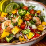 ['Ceviche de abacate, camarão e manga em um prato.', 'Close-up de ceviche fresco com camarão e pedaços de manga.', 'Prato colorido de ceviche com abacate, camarão e tomate.', 'Ceviche de camarão servido com abacate e temperos.']