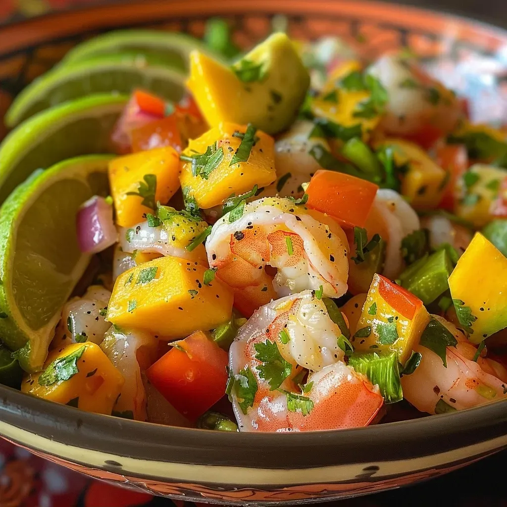 ['Ceviche de abacate, camarão e manga em um prato.', 'Close-up de ceviche fresco com camarão e pedaços de manga.', 'Prato colorido de ceviche com abacate, camarão e tomate.', 'Ceviche de camarão servido com abacate e temperos.']