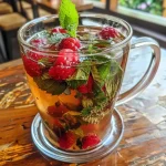 ['Chá de folha de framboesa servido em uma xícara clara.', 'Infusão de folhas de framboesa em uma xícara com um fundo desfocado.', 'Close-up de chá de folha de framboesa com framboesas frescas ao lado.', 'Xícara de chá de folha de framboesa com folhas verdes ao redor.']