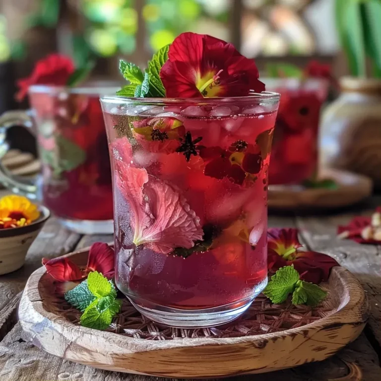 ['Copo de chá de hibisco com morangos e manjericão.', 'Bebida refrescante de chá de hibisco com frutas e ervas.', 'Close de chá de hibisco com fatias de morango e folhas de manjericão.', 'Infusão colorida de hibisco, morangos e manjericão.']