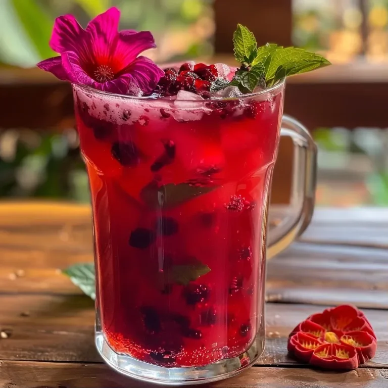 ['Chá de hibisco com morangos e manjericão em um copo.', 'Bebida refrescante de chá de hibisco ao lado de morangos frescos.', 'Close-up de chá de hibisco decorado com morangos e folhas de manjericão.', 'Copo de chá de hibisco com morangos e manjericão, visto de lado.']