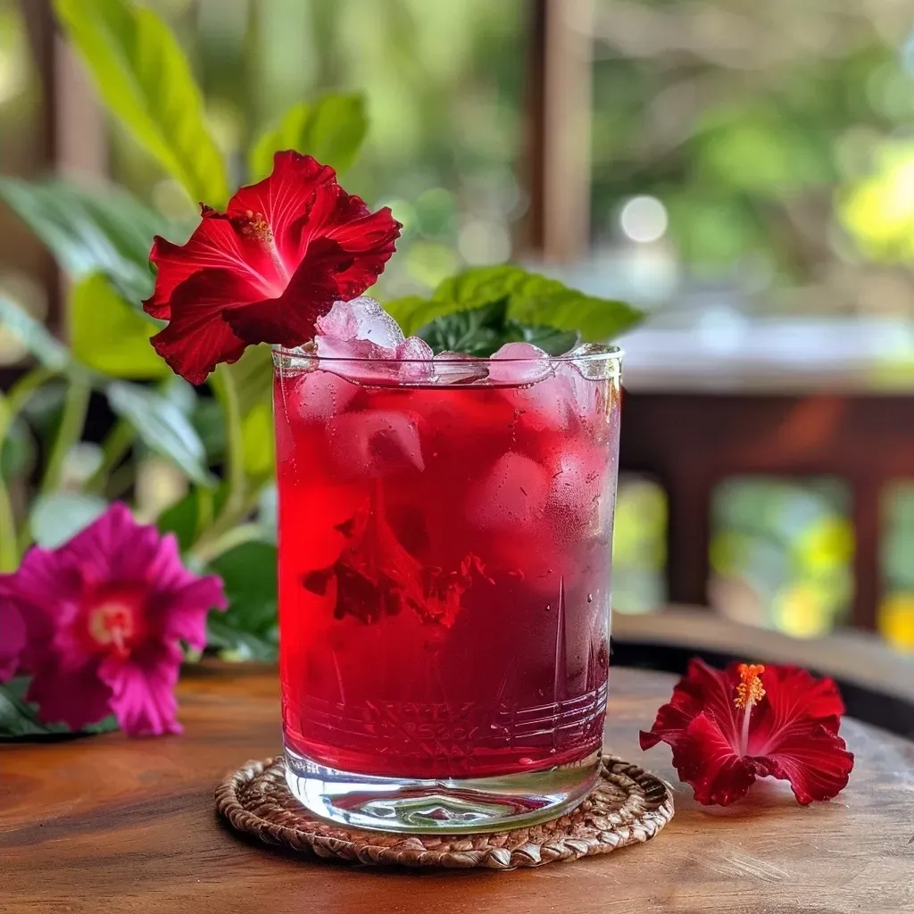 ['Copo de chá de hibisco com morangos e manjericão.', 'Bebida refrescante de chá de hibisco com frutas e ervas.', 'Close de chá de hibisco com fatias de morango e folhas de manjericão.', 'Infusão colorida de hibisco, morangos e manjericão.']