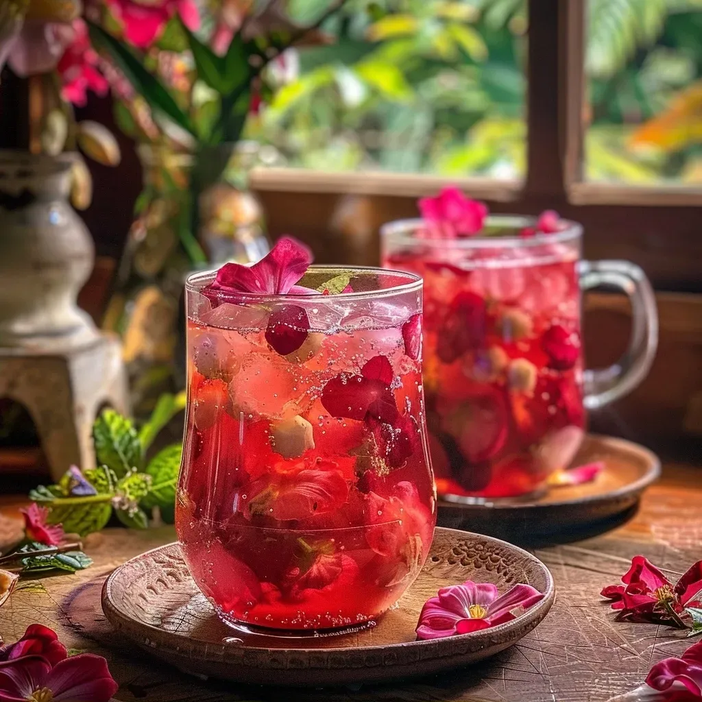 ['Chá de hibisco com morangos e manjericão em um copo.', 'Bebida refrescante de chá de hibisco ao lado de morangos frescos.', 'Close-up de chá de hibisco decorado com morangos e folhas de manjericão.', 'Copo de chá de hibisco com morangos e manjericão, visto de lado.']