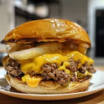 ['Close-up de um cheeseburger caseiro suculento.', 'Cheeseburger caseiro com queijo derretido e ingredientes frescos.', 'Lateral de um cheeseburger com cebola e picles.', 'Cheeseburger duplo com brioche e molho.']