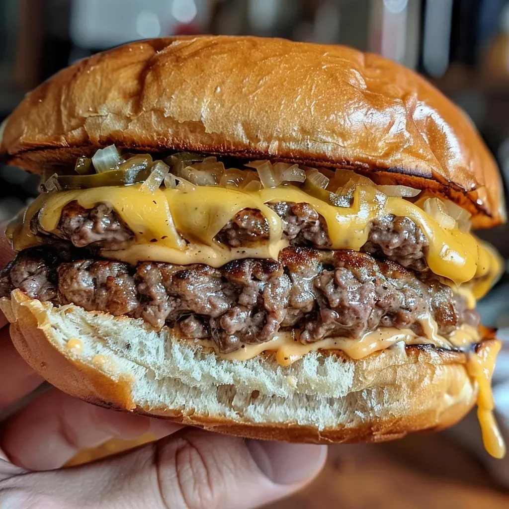 ['Close-up de um cheeseburger caseiro suculento.', 'Cheeseburger caseiro com queijo derretido e ingredientes frescos.', 'Lateral de um cheeseburger com cebola e picles.', 'Cheeseburger duplo com brioche e molho.']
