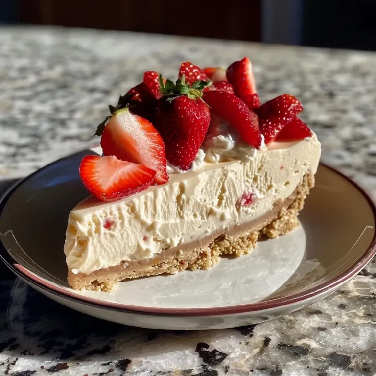 ['Cheesecake de morango com textura cremosa e cobertura de morangos frescos.', 'Close de cheesecake proteico de morango, com fatias de morango na finalização.', 'Fatia de cheesecake de morango em fundo branco, mostrando camadas cremosas.', 'Vista lateral de cheesecake de morango com detalhes das camadas.']