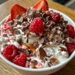 ['Clusters de iogurte com chocolate e morango agrupados em um prato.', 'Bolinhas de iogurte com chocolate derretido e pedaços de morango.', 'Close-up de clusters de iogurte com chocolate e frutas vermelhas.', 'Deliciosos clusters de iogurte e chocolate decorados com morangos.']