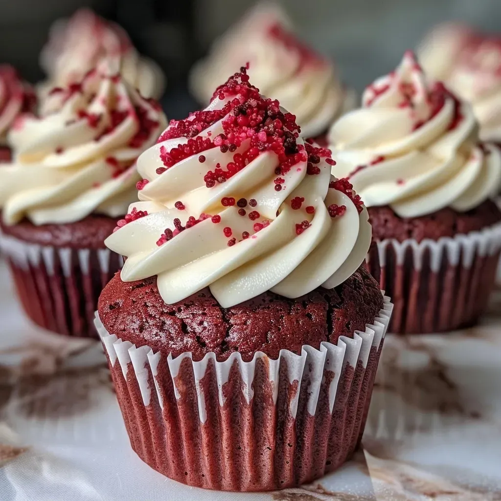 ['Cupcakes Red Velvet de baixa caloria em destaque.', 'Vista lateral de Cupcakes Red Velvet com cobertura cremosa.', 'Deliciosos Cupcakes Red Velvet com frosting de cream cheese.', 'Close de Cupcakes Red Velvet saudáveis e apetitosos.']