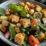 ['Espetinhos de legumes grelhados com molho verde.', 'Espetinhos coloridos de vegetais grelhados.', 'Close-up de vegetais grelhados em palitos.', 'Espetinhos de legumes vibrantes com molho de ervas.']