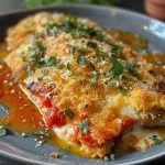 ['Prato de Frango a Parmegiana Fit com queijo derretido.', 'Close de Frango a Parmegiana Fit coberto com molho de tomate.', 'Frango a Parmegiana Fit servido em prato branco.', 'Porção de Frango a Parmegiana Fit com presunto e queijo.']