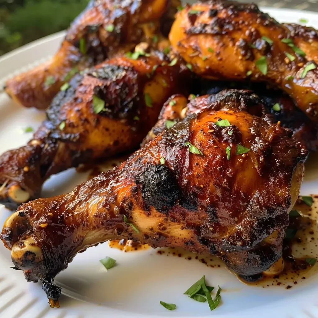 ['Frango ao barbecue suculento cozinhado na panela lenta.', 'Peças de coxas de frango ao molho barbecue em close.', 'Porção de frango ao barbecue, mostrando sua textura suculenta.', 'Coxas de frango bem temperadas, preparadas na slow cooker.']