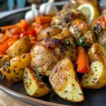 ['Frango assado com alho e vegetais coloridos.', 'Prato de frango assado com alho e legumes variados.', 'Close de coxas de frango assadas com alho e vegetais frescos.', 'Frango assado com alho, batatas e cenouras no prato.']