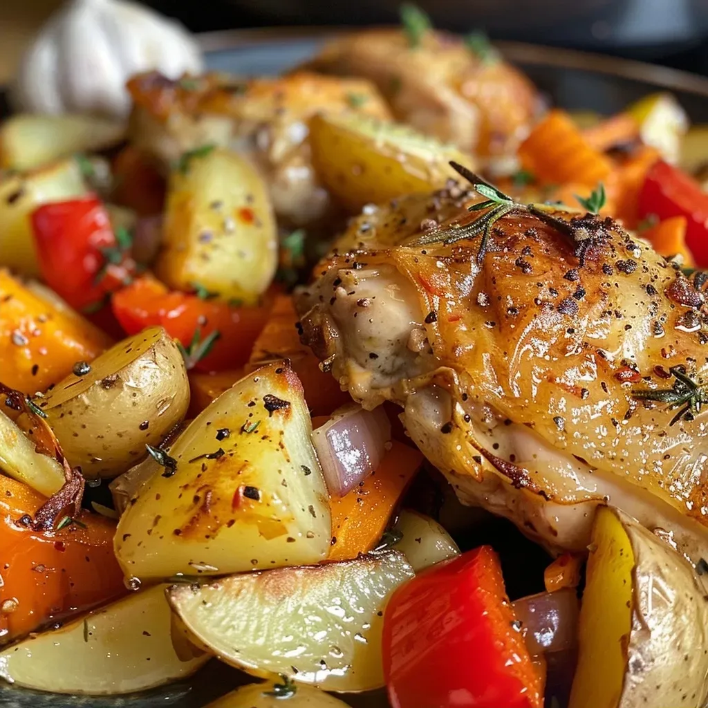 ['Frango assado com alho e vegetais coloridos.', 'Prato de frango assado com alho e legumes variados.', 'Close de coxas de frango assadas com alho e vegetais frescos.', 'Frango assado com alho, batatas e cenouras no prato.']