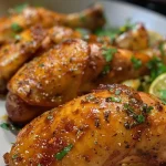 ['Peito de frango suculento coberto com molho de amendoim.', 'Frango com molho de amendoim apresentado de lado.', 'Prato de frango com molho de amendoim e temperos visíveis.', 'Close-up de frango ao molho de amendoim e guarnições.']