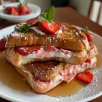 ['Fatias de French toast recheadas com cream cheese e morangos frescos.', 'Close-up de French toast com cream cheese e morangos, decorado com açúcar de confeiteiro.', 'French toast deliciosamente recheado com cream cheese e coberto com morangos.', 'Vista lateral de French toast recheado com cream cheese e morangos suculentos.']