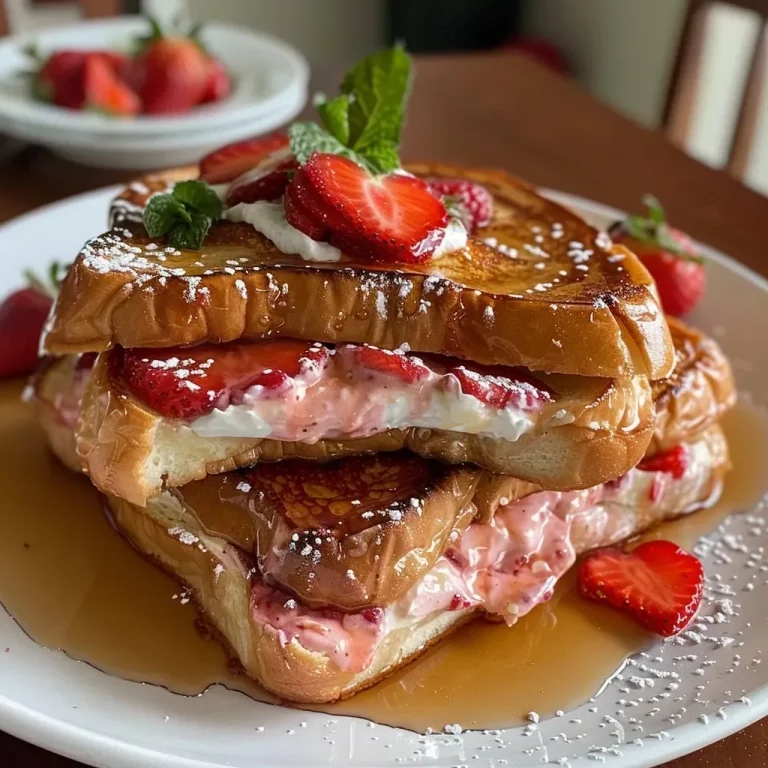 ['Fatias de French toast recheadas com cream cheese e morangos frescos.', 'Close-up de French toast com cream cheese e morangos, decorado com açúcar de confeiteiro.', 'French toast deliciosamente recheado com cream cheese e coberto com morangos.', 'Vista lateral de French toast recheado com cream cheese e morangos suculentos.']