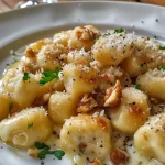 ['Gnocchi com molho gorgonzola e nozes.', 'Prato de gnocchi envolto em molho gorgonzola.', 'Gnocchi servido com nozes e molho cremoso.', 'Gnocchi gorgonzola decorado com gherigli de nozes.']