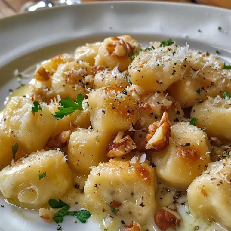 ['Gnocchi com molho gorgonzola e nozes.', 'Prato de gnocchi envolto em molho gorgonzola.', 'Gnocchi servido com nozes e molho cremoso.', 'Gnocchi gorgonzola decorado com gherigli de nozes.']