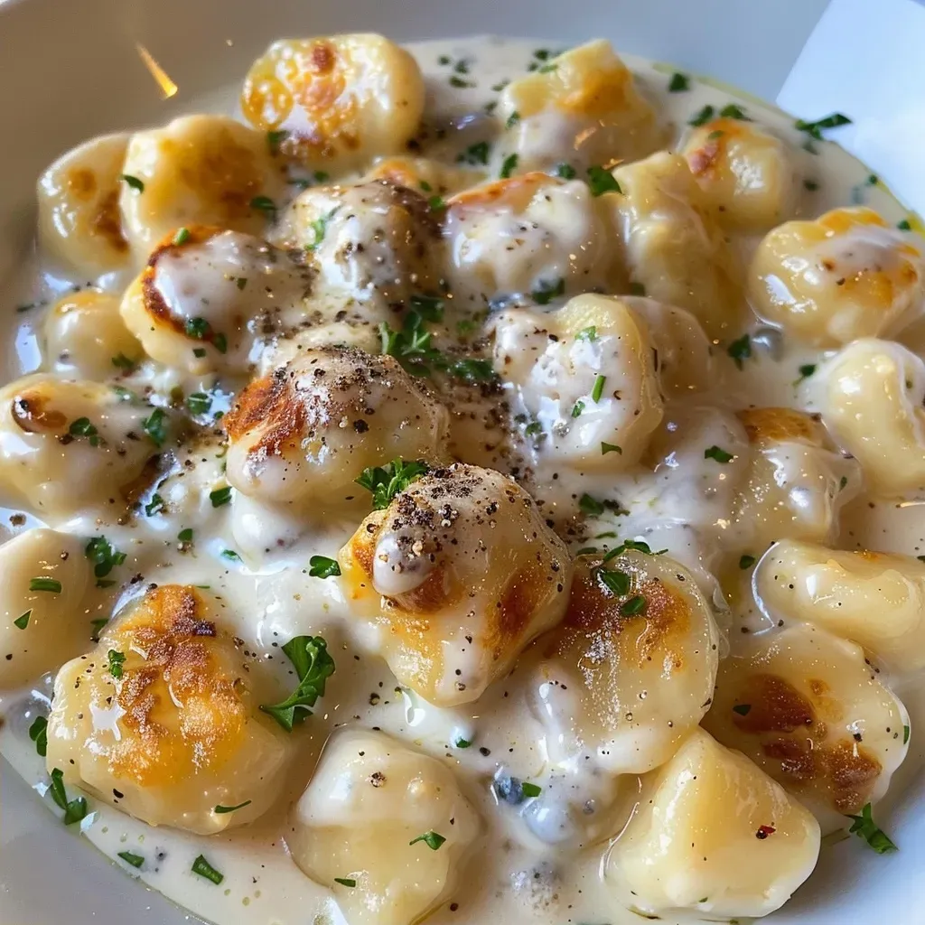 ['Gnocchi com molho gorgonzola e nozes.', 'Prato de gnocchi envolto em molho gorgonzola.', 'Gnocchi servido com nozes e molho cremoso.', 'Gnocchi gorgonzola decorado com gherigli de nozes.']