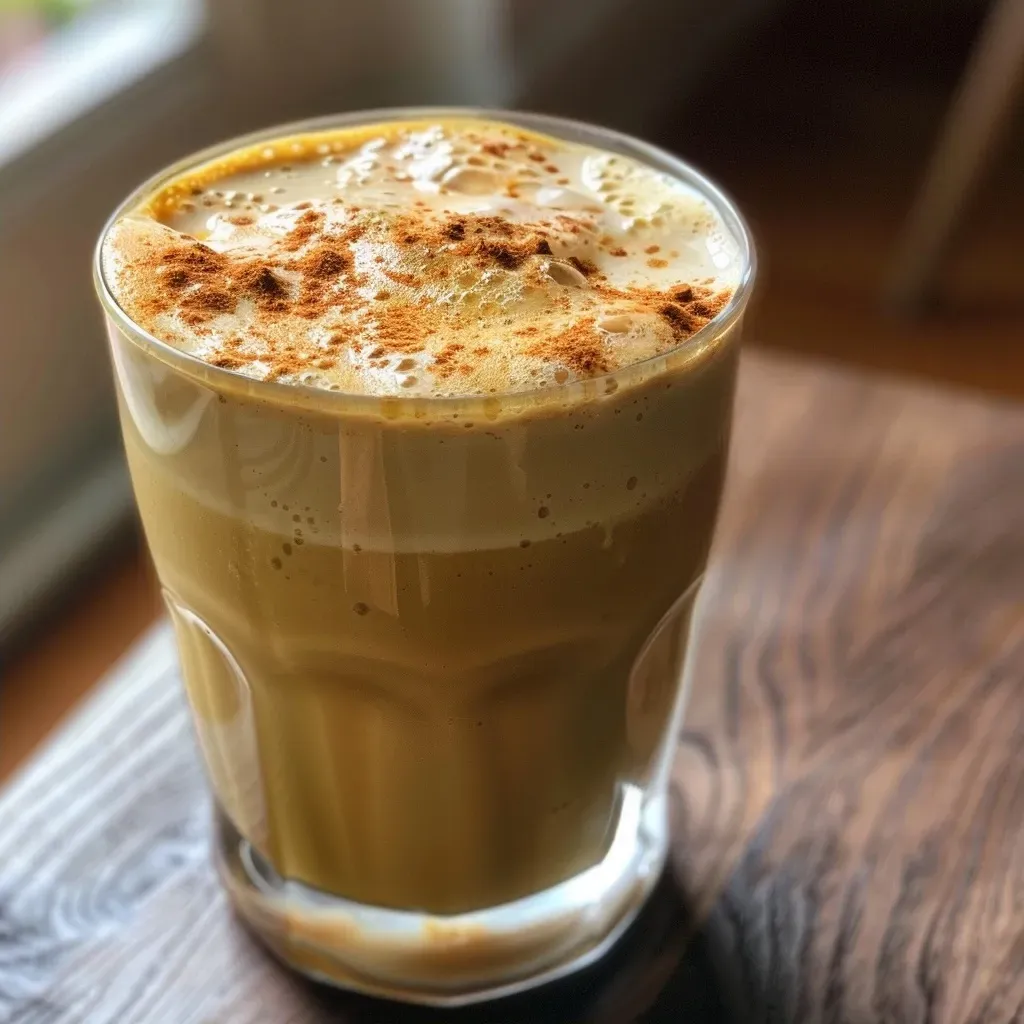 ['Iced Golden Latte em um copo transparente, com camadas de especiarias.', 'Close up de um Iced Golden Latte, com a espuma cremosa por cima.', 'Bebida refrescante Iced Golden Latte em destaque, com ingredientes visíveis.', 'Iced Golden Latte servido em um copo com gelo e decoração de especiarias.']