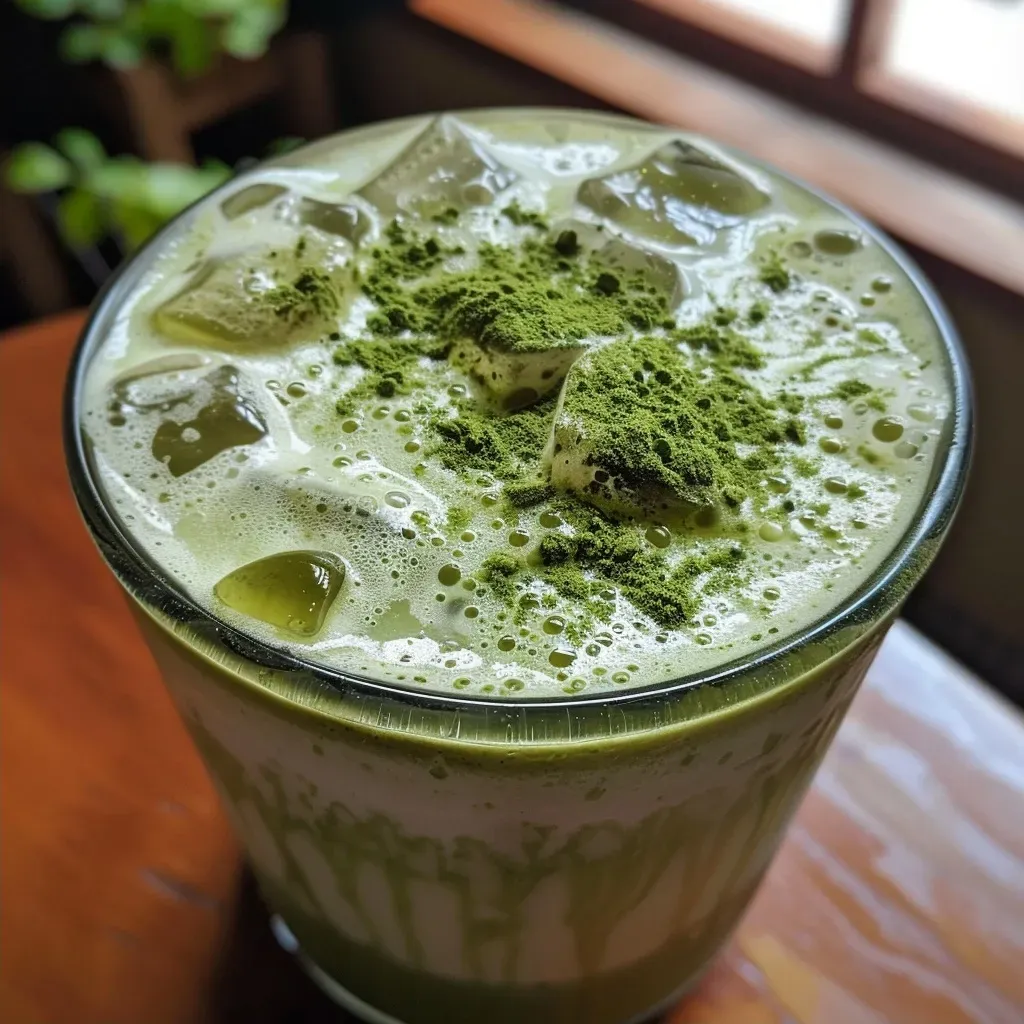['Iced Matcha Latte em um copo com gelo e espuma de baunilha.', 'Close-up de um Iced Matcha Latte com purê de morango.', 'Iced Matcha Latte servido com cubos de gelo e detalhes de espuma.', 'Bebida verde refrescante com matcha e creme espumoso.']