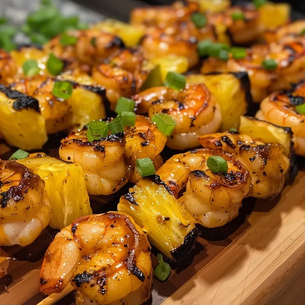 ['Espetinhos de camarão suculentos com abacaxi e cebolinhas.', 'Close-up de kabobs de camarão grelhados com molho barbecue.', 'Espetinhos de camarão com abacaxi, prontos para serem degustados.', 'Kabobs de camarão ao lado de pedaços de abacaxi e cebolinhas grelhadas.']
