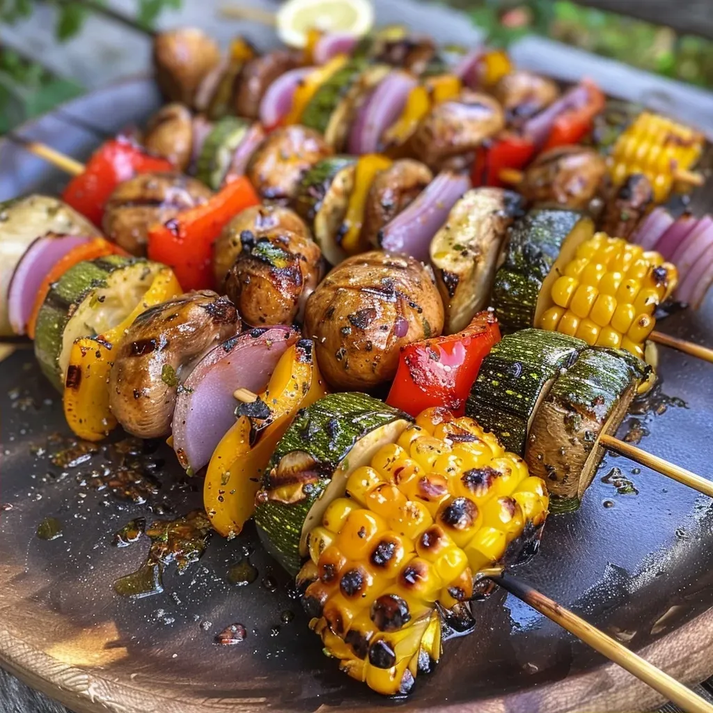 ['Kabobs vegetarianos assados com legumes coloridos.', 'Close de kabobs de legumes no forno com brilho apetitoso.', 'Espetinhos de vegetais grelhados, prontos para servir.', 'Assado de legumes variados em espetinhos.']