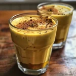 ['Copo de Leite Dourado com espuma cremosa.', 'Close-up de Golden Milk em um copo transparente.', 'Bebida dourada com especiarias em um recipiente.', 'Leite Dourado decorado com canela e gengibre.']