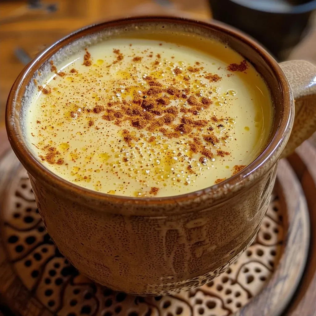 ['Copo de Leite Dourado com espuma cremosa.', 'Close-up de Golden Milk em um copo transparente.', 'Bebida dourada com especiarias em um recipiente.', 'Leite Dourado decorado com canela e gengibre.']