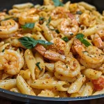 ['Macarrão com camarão, sendo servido em um prato raso.', 'Close de um prato de macarrão com camarões suculentos.', 'Prato de penne com camarão e molho cremoso.', 'Camarões e macarrão decorados com manjericão fresco.']