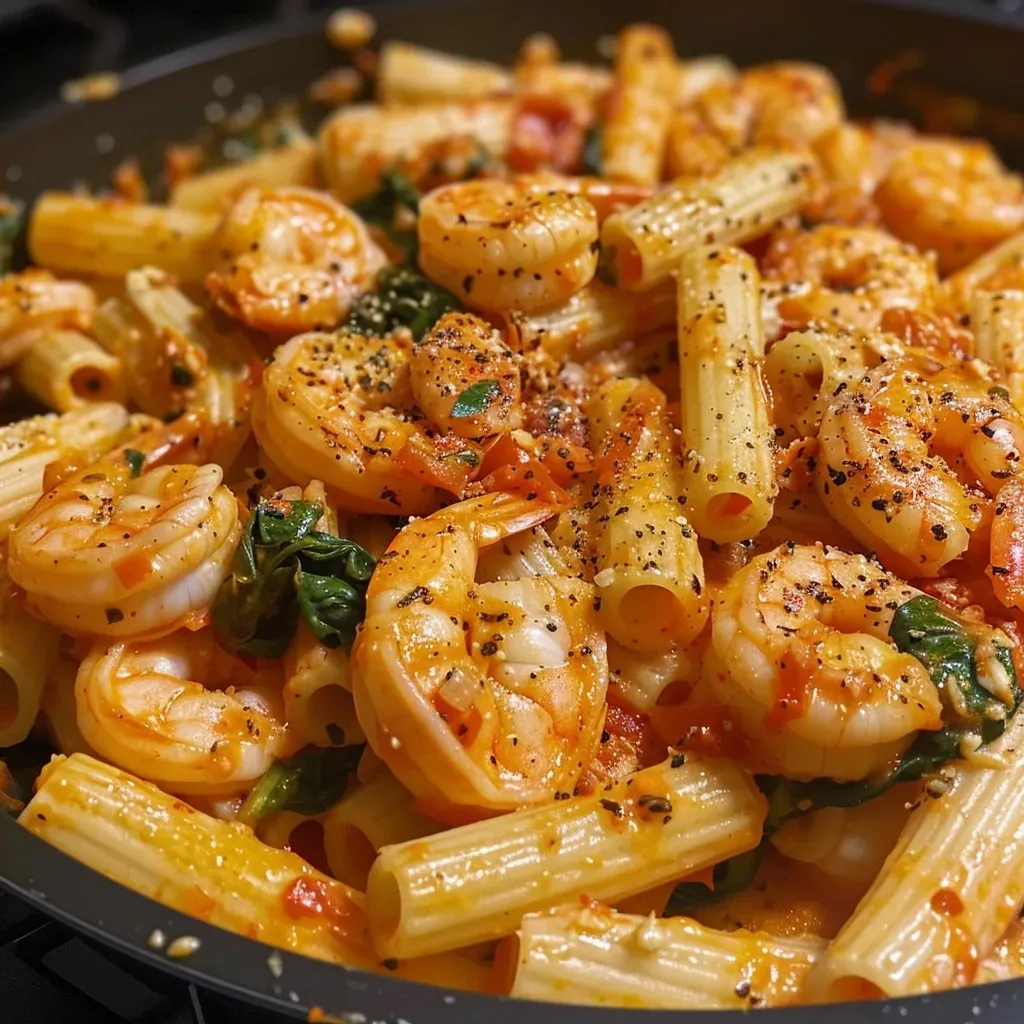 ['Macarrão com camarão, sendo servido em um prato raso.', 'Close de um prato de macarrão com camarões suculentos.', 'Prato de penne com camarão e molho cremoso.', 'Camarões e macarrão decorados com manjericão fresco.']