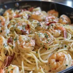['Prato de macarrão cremoso com camarão, servido com molho rico.', 'Close-up de pasta com camarões e molho cremoso, decorado com parmesão.', 'Macarrão com camarões suculentos e molho aromático, preparado em estilo caseiro.', 'Porção de fettuccine com camarão e tomates secos, regado com molho de creme.']