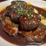 ['Medalhão de filé ao molho de vinho tinto, suculento e bem apresentado.', 'Close-up de medalhões de filé com molho de vinho tinto rico e saboroso.', 'Prato de medalhão de filé ao molho de vinho tinto, com guarnição decorativa.', 'Medalhão de filé ao molho de vinho tinto, servido em prato elegante.']