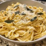 ['Molho Alfredo de abóbora servido sobre fettuccine.', 'Close up de um prato de fettuccine com molho Alfredo de abóbora.', 'Fettuccine coberto com molho cremoso de abóbora.', 'Detalhe de um prato com molho de abóbora e fettuccine.']