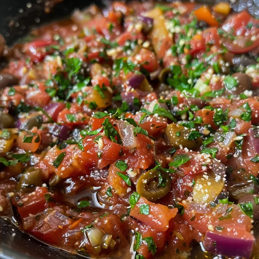 ['Molho puttanesca saboroso em uma tigela.', 'Close up de molho puttanesca com ingredientes visíveis.', 'Tigela de molho puttanesca com azeitonas e alcaparras.', 'Molho puttanesca fresco e colorido em fundo claro.']