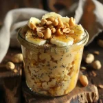 ['Tigela de overnight oats com banana e manteiga de amendoim.', 'Close-up de aveia overnight com banana e pasta de amendoim.', 'Prato de overnight oats, decorado com banana e amendoim.', 'Mistura de aveia, banana e manteiga de amendoim em uma tigela.']