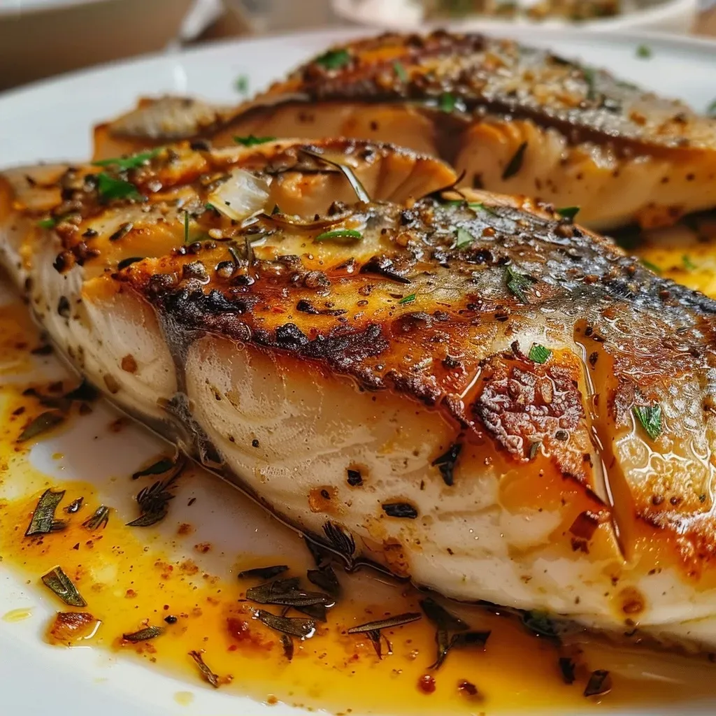 ['Peixe assado com crosta dourada de amêndoas e ervas.', 'Filé de peixe coberto com amêndoas e ervas frescas.', 'Close de um peixe assado com crosta crocante de amêndoas.', 'Peixe fresco assado com cobertura de amêndoas e temperos.']