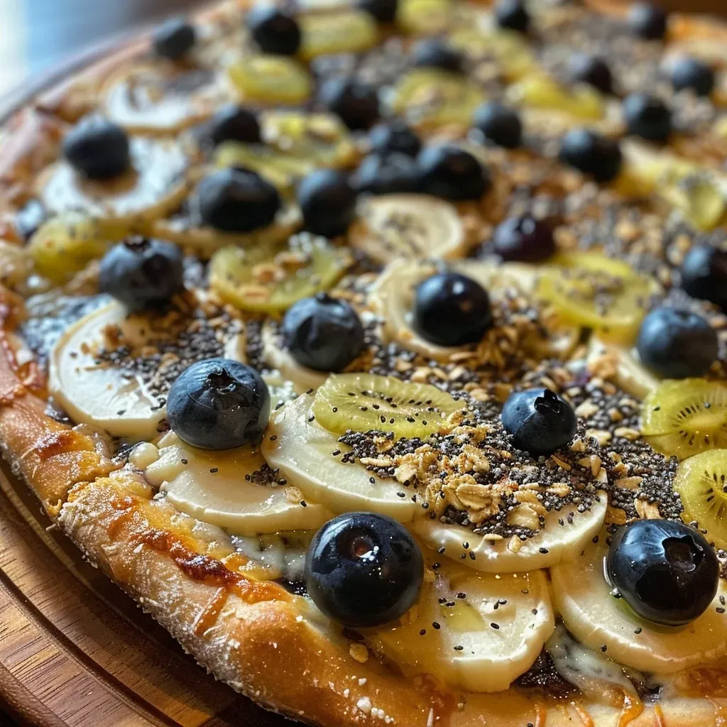 ['Fatia de pizza de melancia com cobertura de frutas e granola.', 'Pizza de melancia decorada com coco, mirtilos e manga.', 'Close-up de pizza de melancia com ingredientes naturais coloridos.', 'Pizza de melancia em uma mesa, rodeada de frutas frescas.']