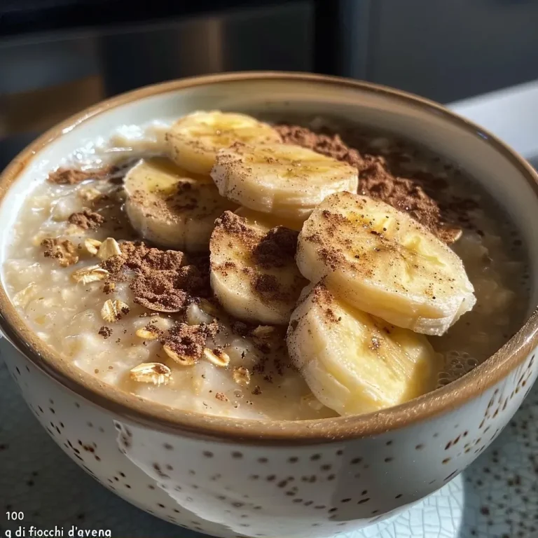 ['Porridge de aveia com banana e cacau em um prato.', 'Close de porridge fit de aveia decorado com banana.', 'Porridge saudável de aveia com fatias de banana e pó de cacau.', 'Prato de porridge de aveia com banana e cacau, visto de lado.']