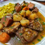 ['Close-up de um prato de rabada com agrião, mostrando a suculência da carne.', 'Porção de rabada com agrião, destacando os pedaços de carne envoltos em molho.', 'Detalhe de rabada com agrião, com foco na textura da carne e do verde do agrião.', 'Imagem de rabada com agrião, ressaltando a apresentação do prato e os ingredientes.']