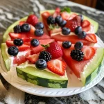['Fatia de pizza de melancia com frutas coloridas.', 'Pizza de melancia decorada com iogurte e frutas.', 'Close-up de uma pizza de melancia saudável.', 'Receita de pizza de melancia com frutas variadas.']