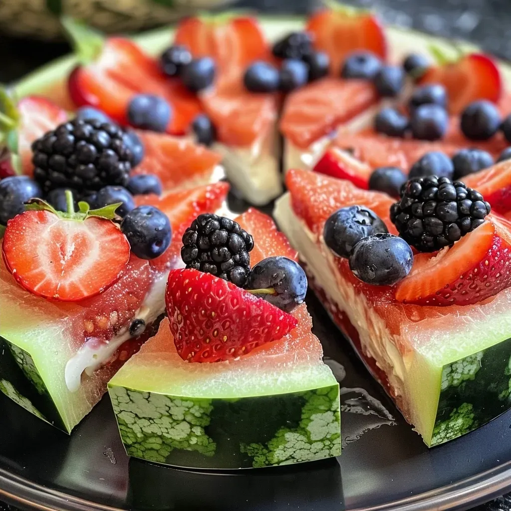 ['Fatia de pizza de melancia com frutas coloridas.', 'Pizza de melancia decorada com iogurte e frutas.', 'Close-up de uma pizza de melancia saudável.', 'Receita de pizza de melancia com frutas variadas.']