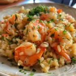 ['Risoto de camarão cremoso em um prato.', 'Close-up de risoto de camarão com queijo parmesão.', 'Porção de risoto de camarão com camarões na decoração.', 'Risoto de camarão em destaque, com ingredientes visíveis.']