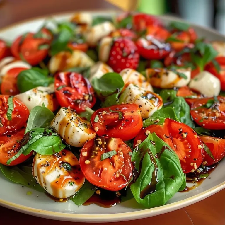 ['Salada caprese de espinafre com morangos frescos.', 'Close-up de salada colorida com espinafre, morangos e queijo.', 'Prato de salada caprese com espinafre, morangos e tomate cereja.', 'Salada saudável de espinafre com frutas e queijo.']